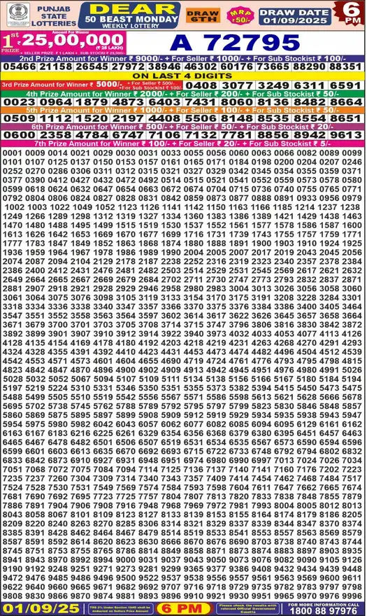 Punjab State Dear 50 Beast Monday lottery result 01.09.2025