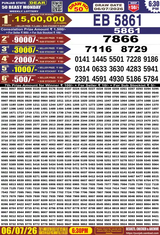 Punjab Lottery Result Dear 50 Beast Monday 06/07/2026