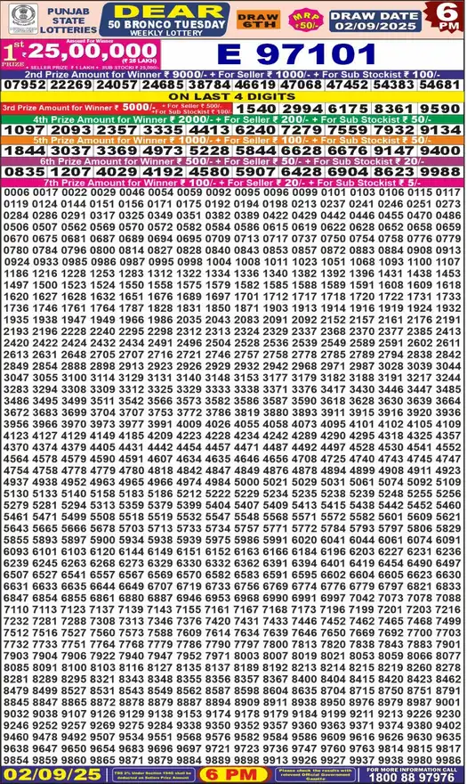 Punjab State Dear 50 Bronco Tuesday lottery result 02.09.2025