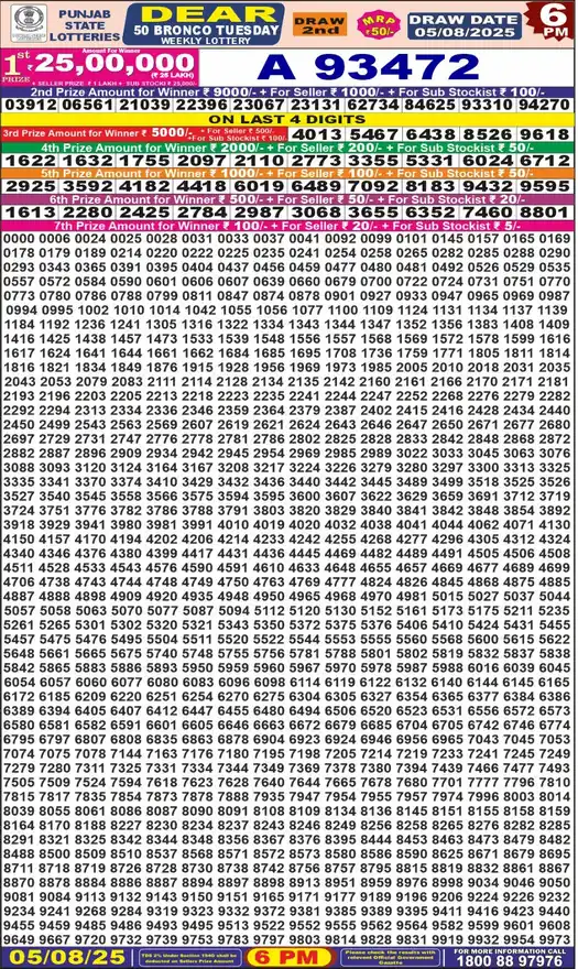 Punjab State Dear 50 Bronco Tuesday lottery result 05.08.2025