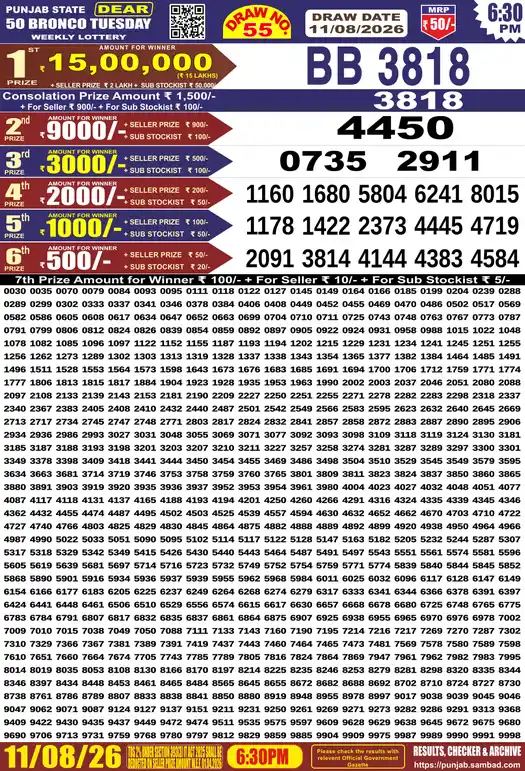 Punjab Lottery Result Dear 50 Bronco Tuesday 11/08/2026