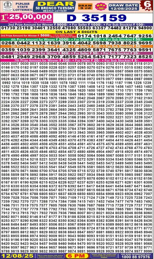 Punjab State Dear 50 Bronco Tuesday lottery result 12.08.2025