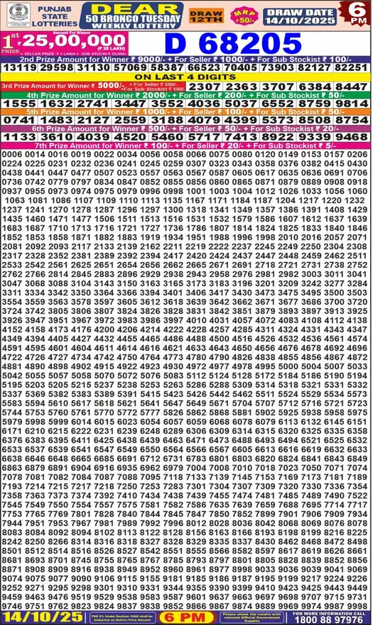 Punjab State Dear 50 Bronco Tuesday lottery result 14.10.2025