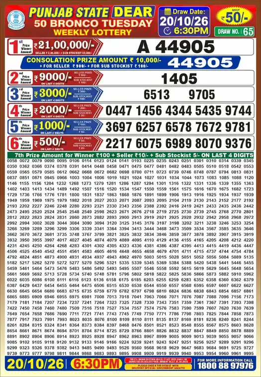Punjab State Dear 50 Bronco Tuesday lottery result 20.10.2026