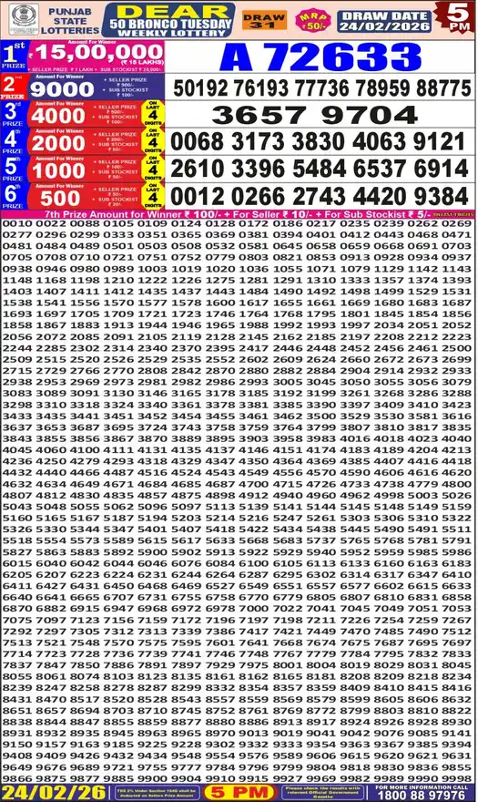 Punjab State Dear 50 Bronco Tuesday lottery result 24.02.2026