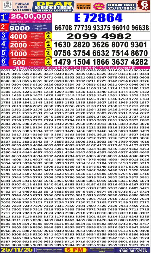 Punjab State Dear 50 Bronco Tuesday lottery result 25.11.2025