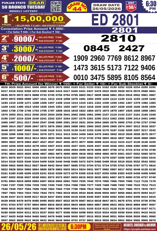 Punjab Lottery Result Dear 50 Bronco Tuesday 26/05/2026