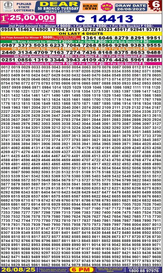 Punjab State Dear 50 Bronco Tuesday lottery result 26.08.2025