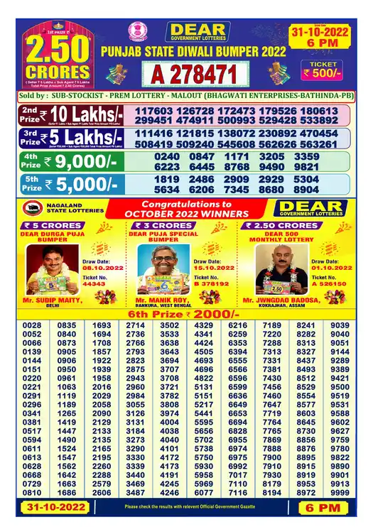 Punjab State Diwali Bumper 2022 lottery result 31.10.2022