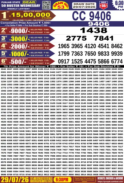 Punjab Lottery Result Dear 50 Buster Wednesday 29/07/2026
