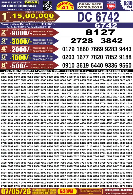 Punjab Lottery Result Dear 50 Chief Thursday 07/05/2026