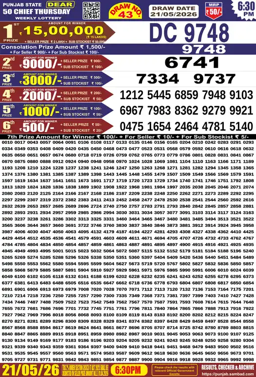 Punjab Lottery Result Dear 50 Chief Thursday 21/05/2026