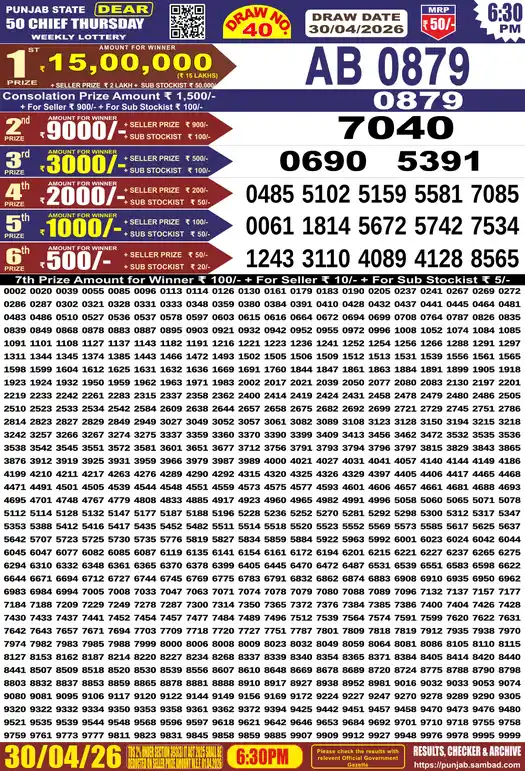 Punjab Lottery Result Dear 50 Chief Thursday 30/04/2026