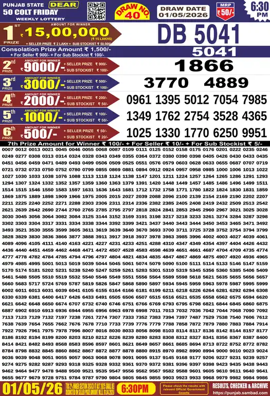 Punjab Lottery Result Dear 50 Colt Friday 01/05/2026