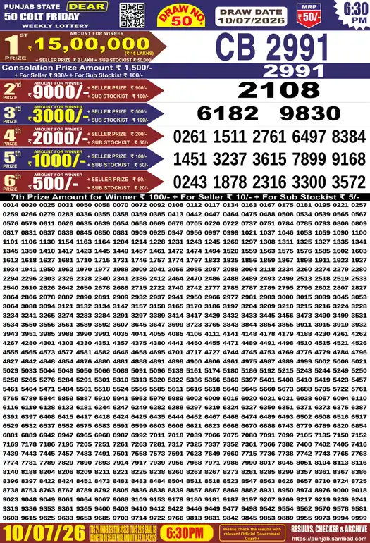 Punjab Lottery Result Dear 50 Colt Friday 10/07/2026