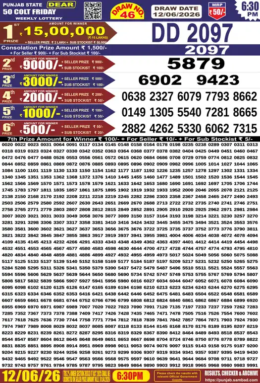 Punjab Lottery Result Dear 50 Colt Friday 12/06/2026