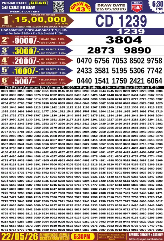 Punjab Lottery Result Dear 50 Colt Friday 22/05/2026