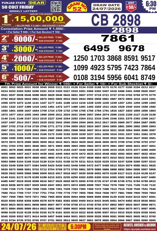 Punjab Lottery Result Dear 50 Colt Friday 24/07/2026