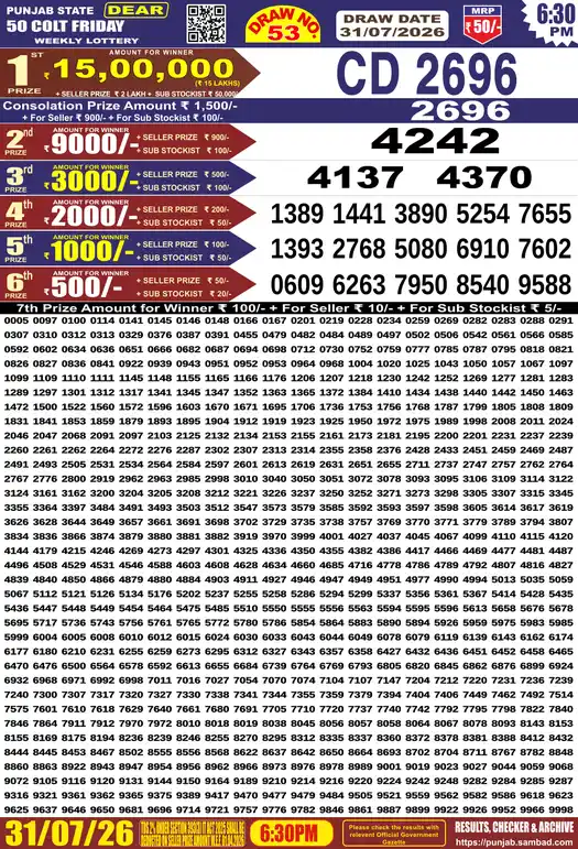 Punjab Lottery Result Dear 50 Colt Friday 31/07/2026