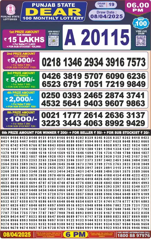 Punjab State Dear 100 lottery result 08.04.2025