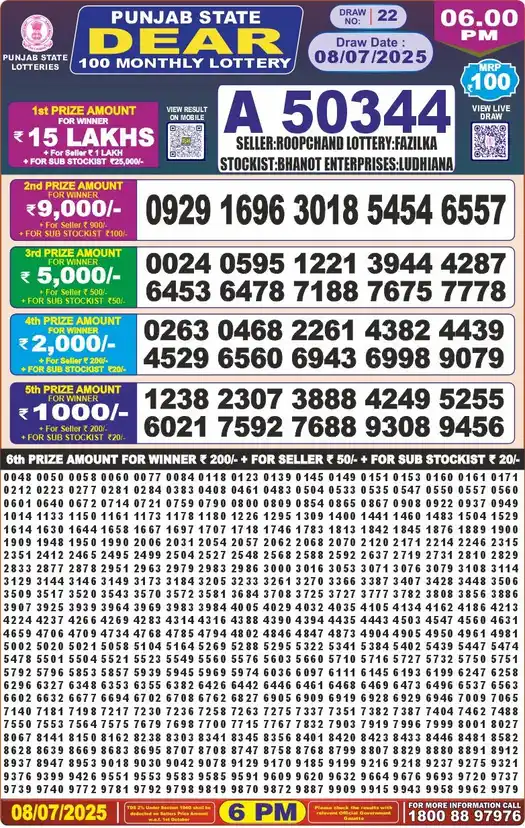 Punjab State Dear 100 lottery result 08.07.2025