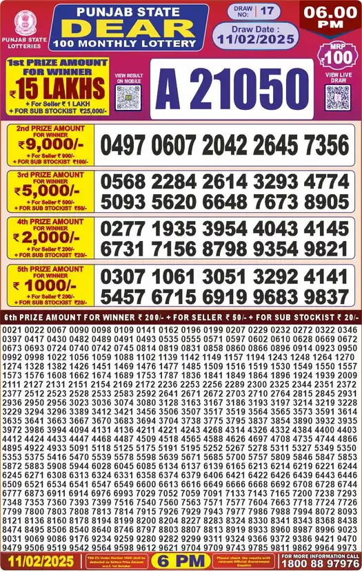 Punjab State Dear 100 lottery result 11.02.2025