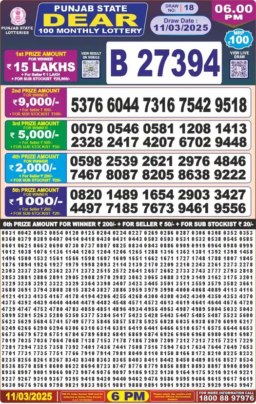 Punjab State Dear 100 lottery result 11.03.2025