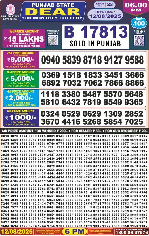 Punjab State Dear 100 lottery result 12.08.2025