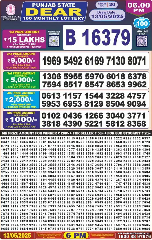 Punjab State Dear 100 lottery result 13.05.2025