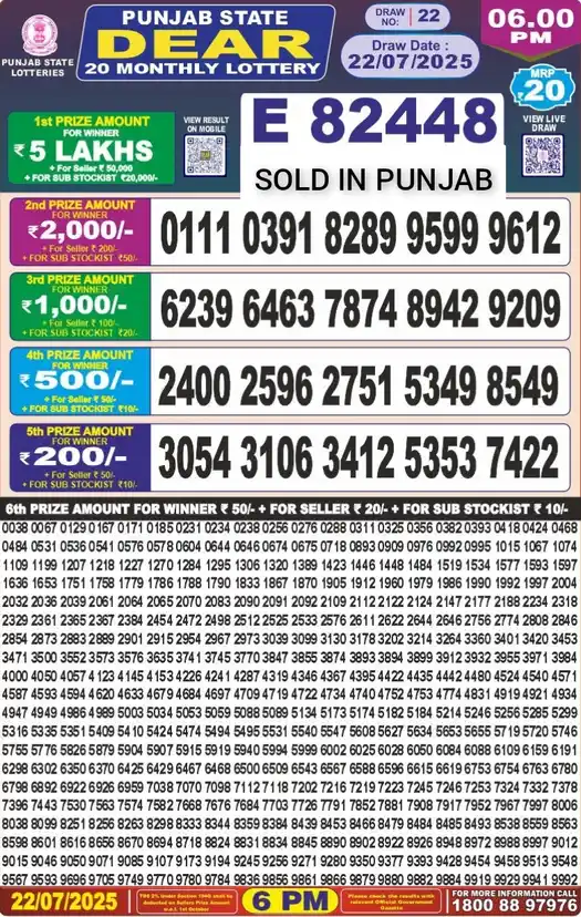 Punjab State Dear 20 lottery result 22.07.2025