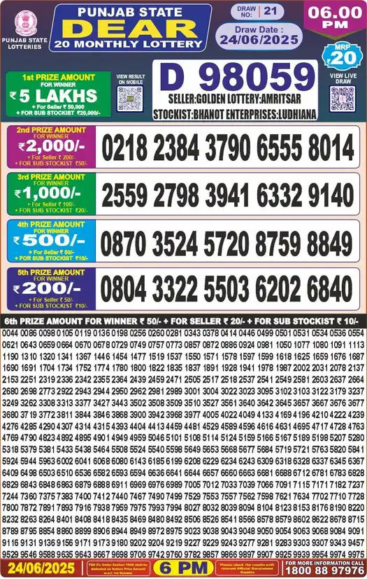 Punjab State Dear 20 lottery result 24.06.2025