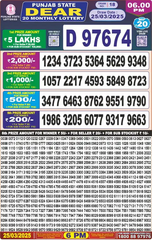 Punjab State Dear 20 lottery result 25.03.2025
