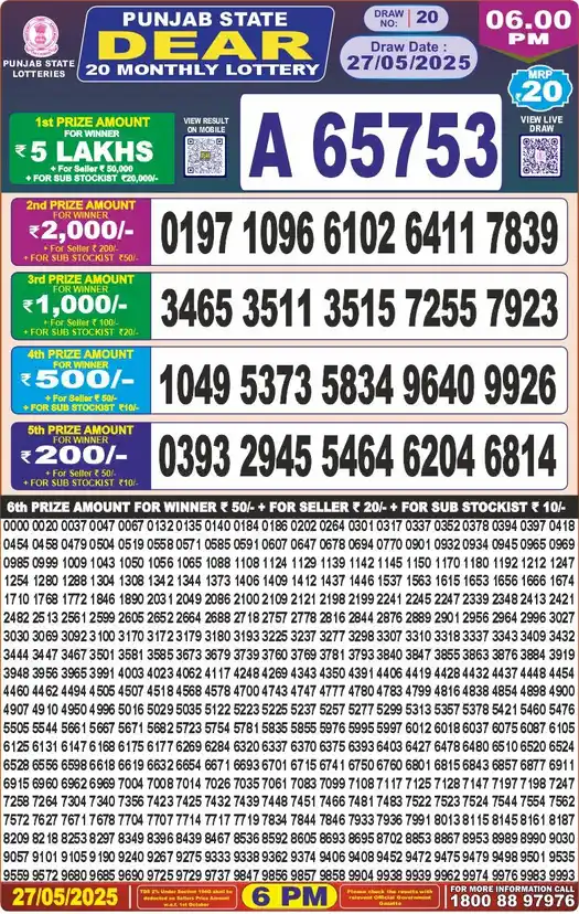 Punjab State Dear 20 lottery result 27.05.2025