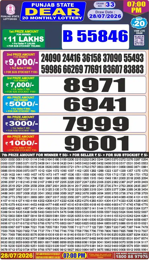 Punjab Lottery Result Dear 20 28/07/2026