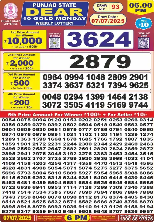 Punjab State Dear 10 Gold Monday lottery result 07.07.2025