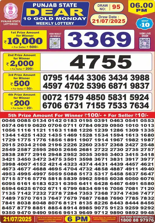 Punjab State Dear 10 Gold Monday lottery result 21.07.2025
