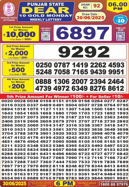 Punjab State Dear 10 Gold Monday lottery result 30.06.2025