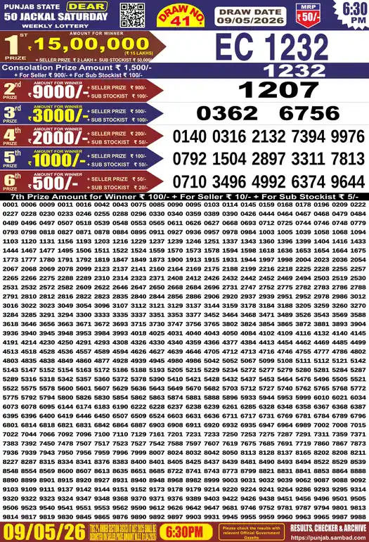 Punjab Lottery Result Dear 50 Jackal Saturday 09/05/2026