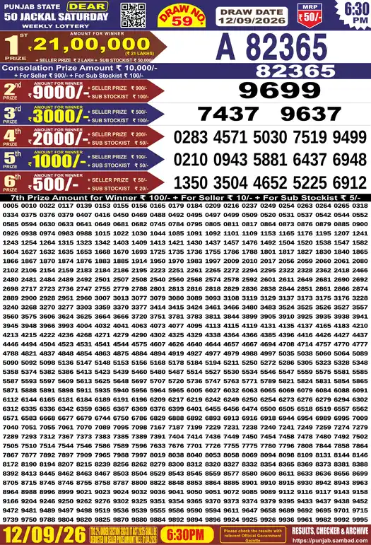 Punjab Lottery Result Dear 50 Jackal Saturday 12/09/2026