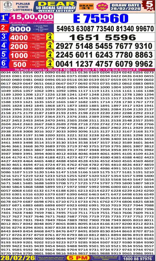 Punjab State Dear 50 Jackal Saturday lottery result 28.02.2026