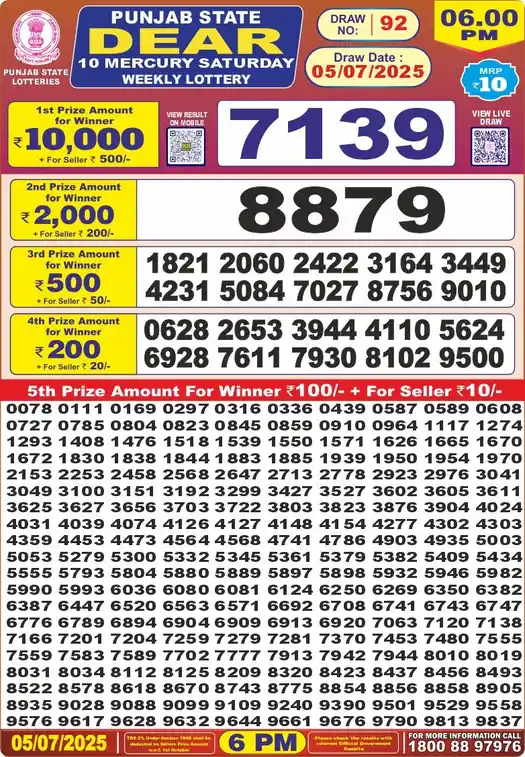 Punjab State Dear 10 Mercury Saturday lottery result 05.07.2025
