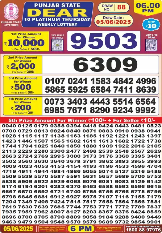 Punjab State Dear 10 Platinum Thursday lottery result 05.06.2025