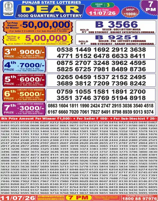 Punjab Lottery Result Dear 1000 11/07/2026